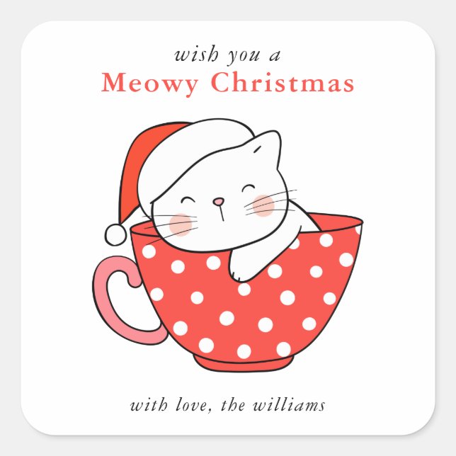 Cute Cat Illustration Red & White Meowy Christmas Quadratischer Aufkleber (Vorderseite)