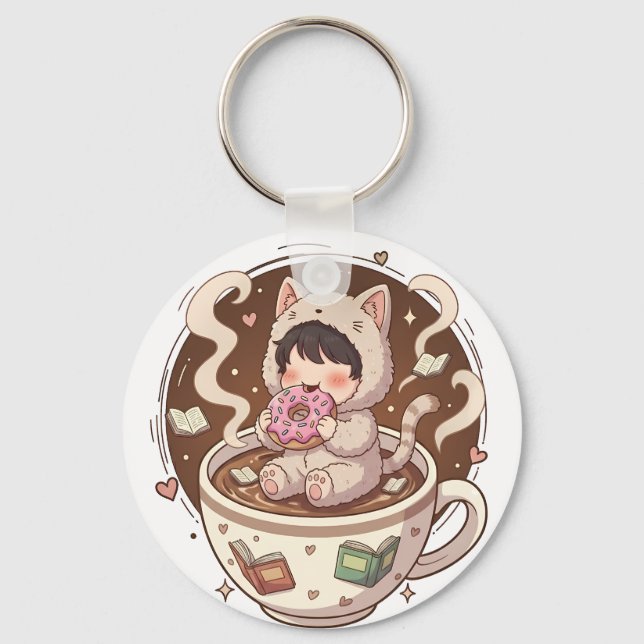 Cute Cat in Coffee Cup - Cozy Adventure Hoodie art Schlüsselanhänger (Vorderseite)