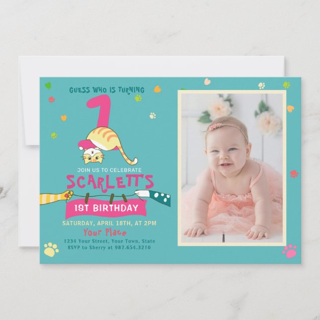 Cute Cat Kids First Birthday Party Invitation (Devant)