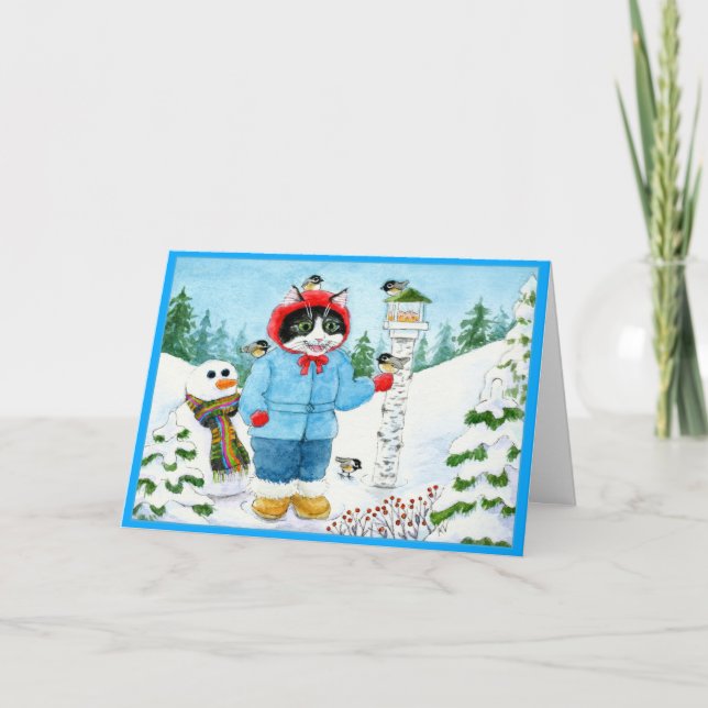 Cute Cat Kitten Bird Feeder carte de voeux (Devant)