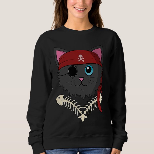 Cute Cat Kitten Pirate Fish Bones  Halloween Kids Sweatshirt (Vorderseite)