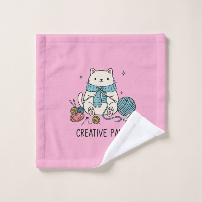 Cute Cat Knitting Pink Yarn Creative Hobby Design (Gant de toilette)
