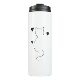 Cute cat line drawing, with three hearts thermosbecher