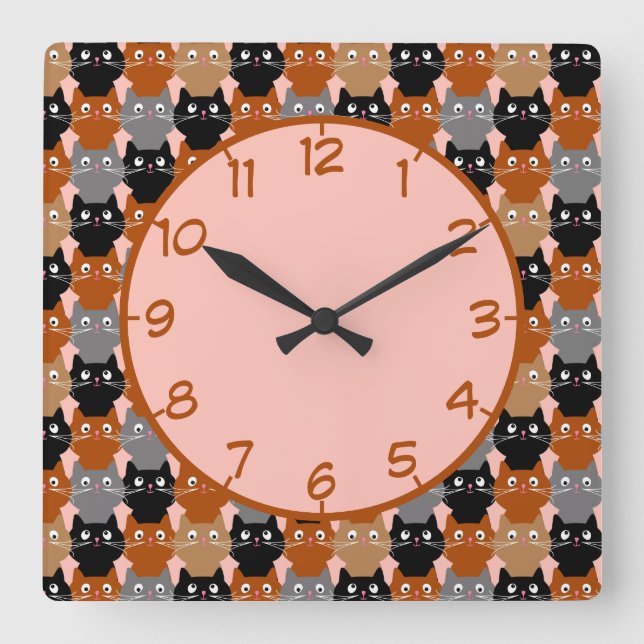 Cute Cat Lover Feline Kittens Pattern Quadratische Wanduhr (Vorderseite)