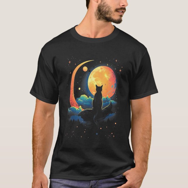 Cute Cat Motifs Cat With Moon Night Space Cat T-Shirt (Vorderseite)