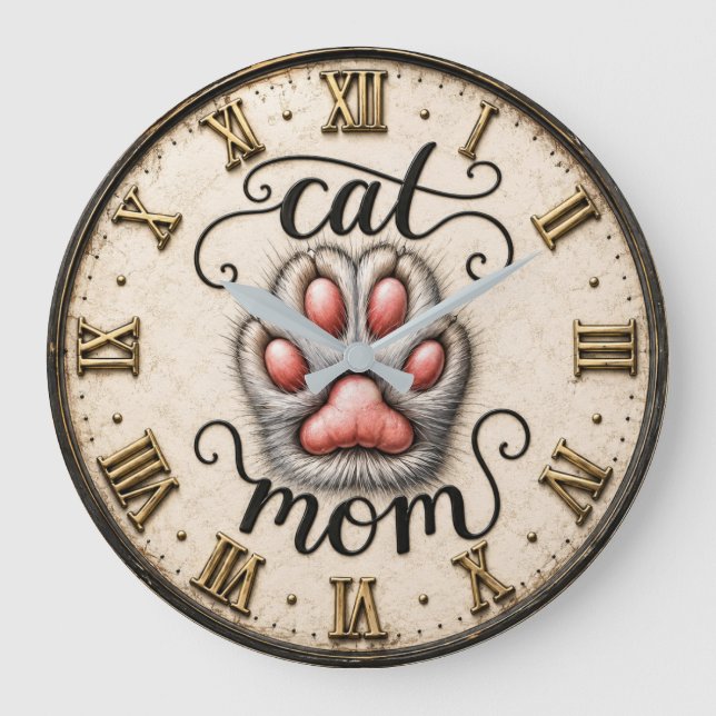 Cute Cat Nom Paw Print Rustic  Große Wanduhr (Vorderseite)