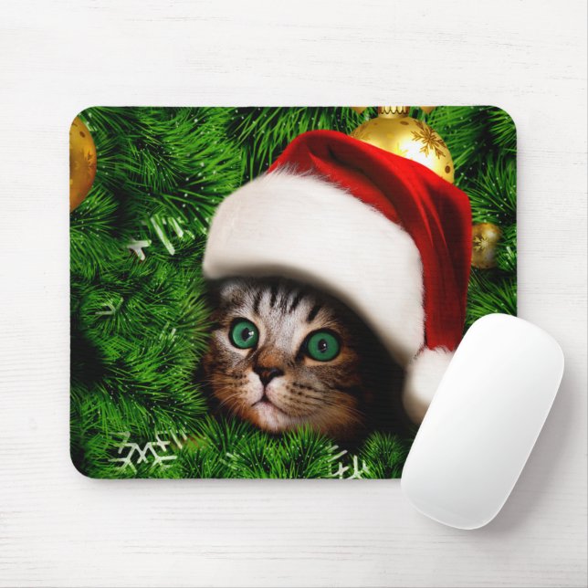 Cute Cat on Christmas tree Mousepad (Mit Mouse)