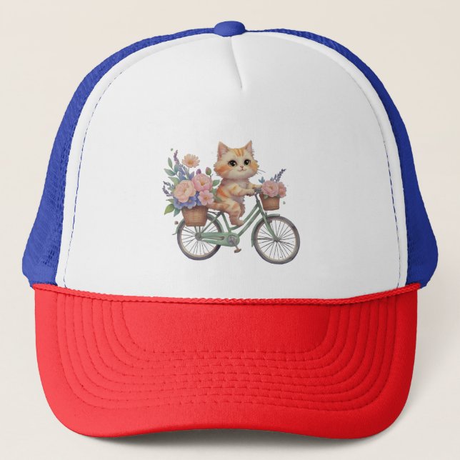 Cute Cat on Floral Bike Hat – Fun Gift for Cat Lov Truckerkappe (Vorderseite)