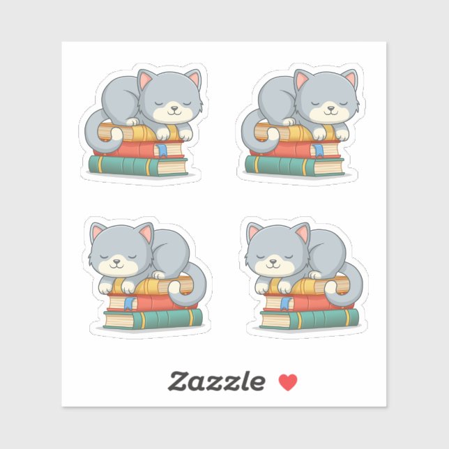 Cute Cat on top of Stack of Books, Set of 4 Aufkleber (Blatt)