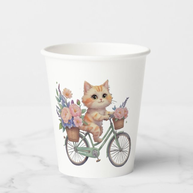 Cute Cat Paper Cup – Floral Bike Party Design Pappbecher (Vorderseite)