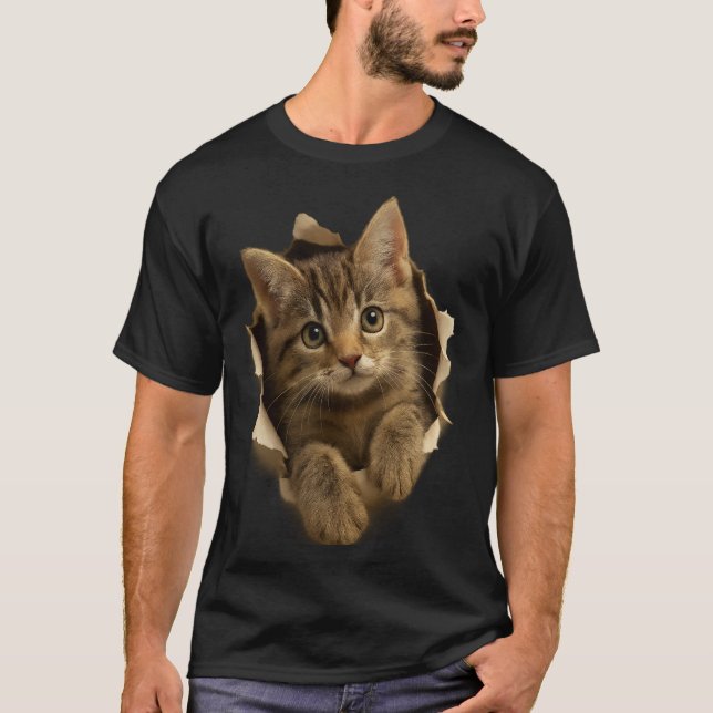 Cute Cat Peeking Through Paper Design T-Shirt (Vorderseite)