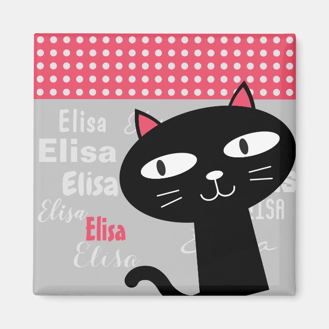Cute cat pink polka dots personalized name  magnet (Vorne)