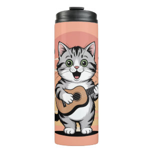 Cute Cat Playing Ukulele Travel Thermosbecher