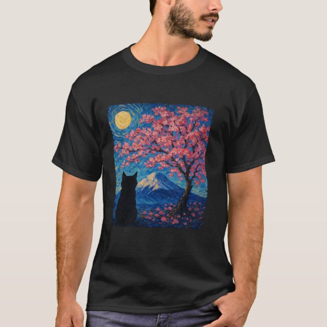 Cute Cat Sakura Cherry Blossom Tree Mount Fuji Sta T-Shirt (Vorderseite)