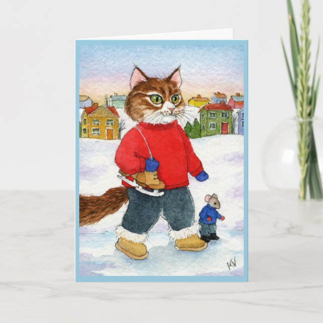 Cute Cat Souris Patinage hiver Carte de vacances (Devant)