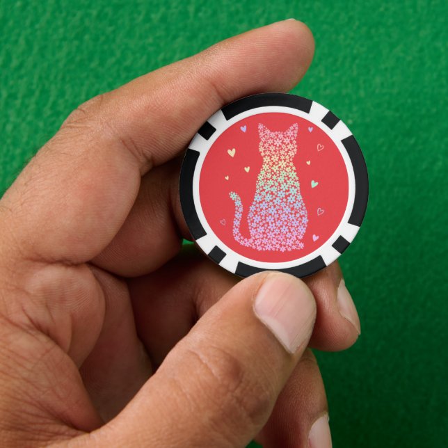  cute cat sweet rainbow hearts pastel gradient pokerchips (Hand)