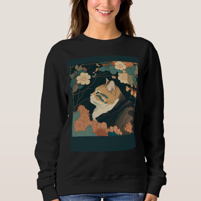 Cute Cat Watercolor Botanical Garden Aesthetic Cat Sweatshirt (Vorderseite)