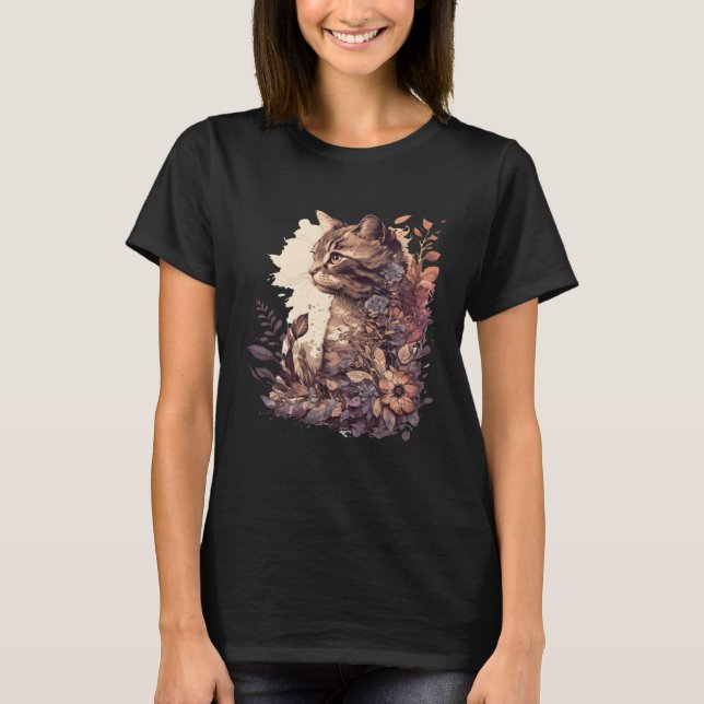 Cute Cat Watercolor Botanical Garden Aesthetic Cat T-Shirt (Vorderseite)