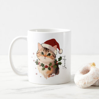 Cute Cat with Christmas hat Personalized Name Kaffeetasse