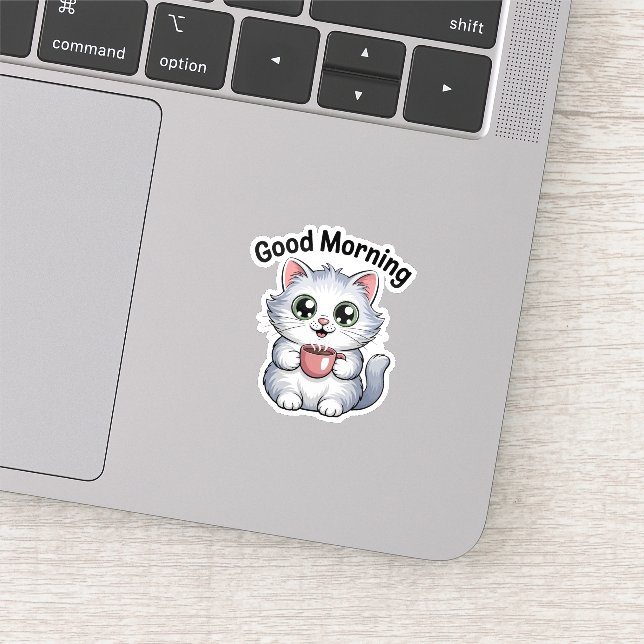 Cute Cat with Coffee “Good Morning” Sticker (Ausschnitt)