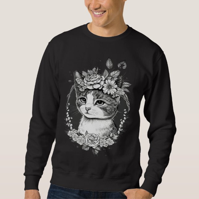 Cute Cat with Floral Headband Cat Mom Sweatshirt (Vorderseite)