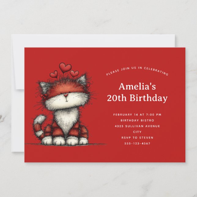 Cute Cat with Red Love Hearts Birthday Einladung (Vorderseite)