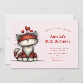 Cute Cat with Red Love Hearts Birthday Einladung