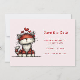 Cute Cat with Red Love Hearts Save The Date