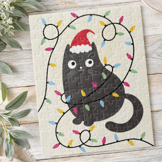 Cute cat with Santa hat and lights Christmas