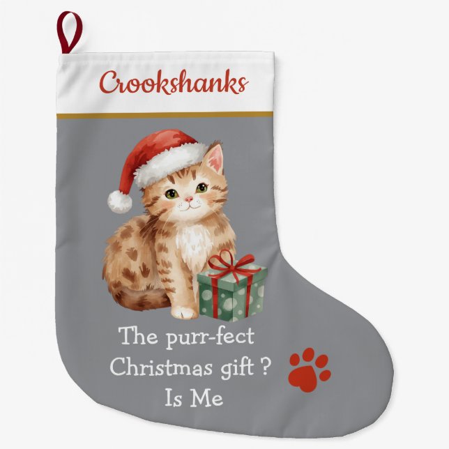 Cute Cat with Santa Hat Christmas Stocking – Funny Großer Weihnachtsstrumpf (Vorderseite)