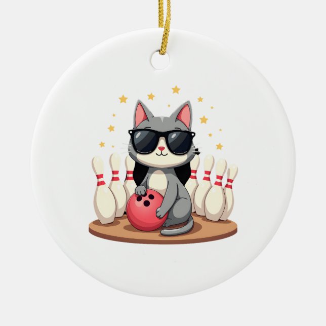 Cute Cat With Sunglasses Cat Playing Bowling For m Keramik Ornament (Vorne)