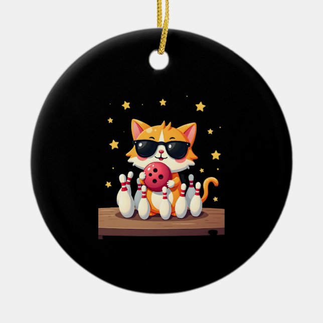 Cute Cat With Sunglasses Cat Playing Bowling For m Keramik Ornament (Vorne)