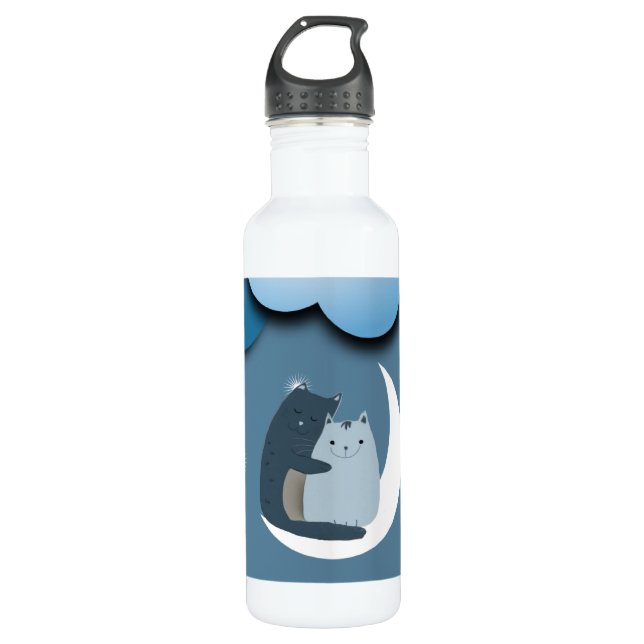 Cute Cats Cuddling on the Moon Art Edelstahlflasche (Vorderseite)