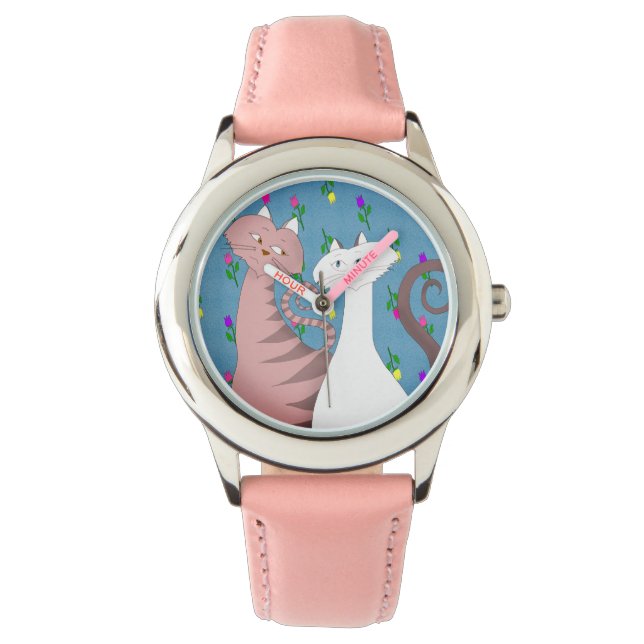 Cute Cats Floral Arrière - plan Montre Rose fille (devant)