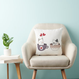Cute Cats in Cups with Heart Ballons Kissen