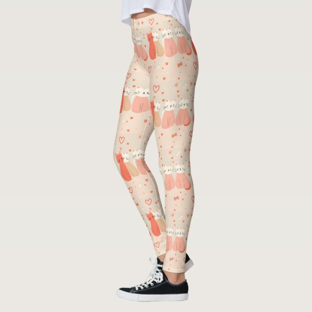 Cute Cats Love Valentine Hearts Pattern Coral Pink Leggings (Links)
