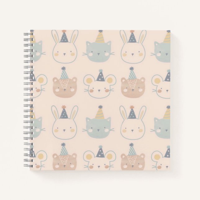 Cute Cats Rabbits and Bears Faces Pastel Pattern Notizbuch (Vorderseite)