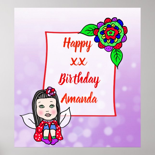 Cute Caucasian Fairy Girl Happy Birthday Poster (Vorne)