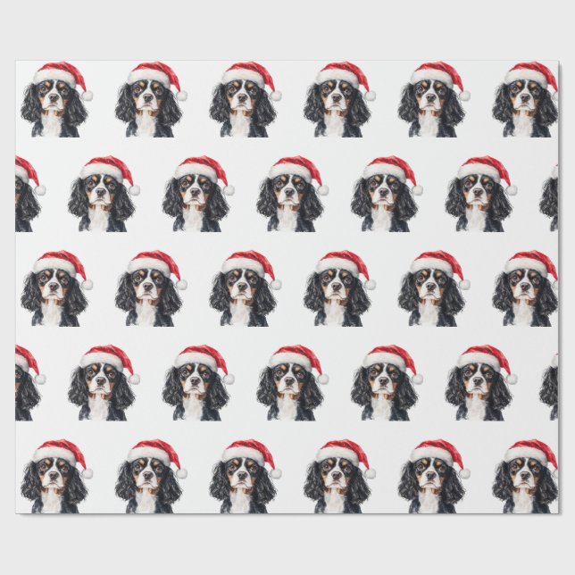 Cute Cavalier King Charles Spaniel with Santa Hat  Geschenkpapier (Flach)