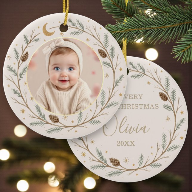 Cute Celestial Baby First Christmas Photo Keramik Ornament (Von Creator hochgeladen)