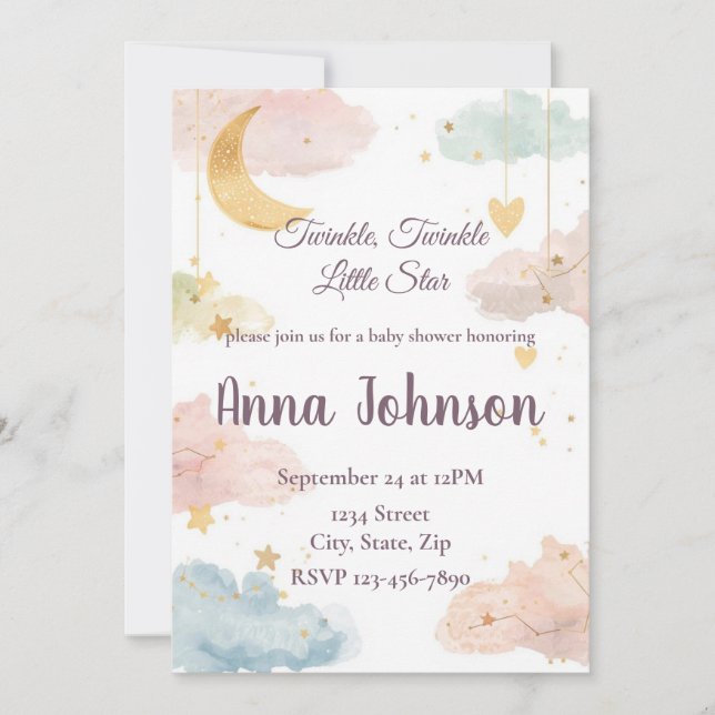 Cute Celestial Baby Shower Invitation | Watercolor Einladung (Vorderseite)