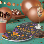 Cute Chalkboard Happy Halloween Kids Party  Pappteller<br><div class="desc">Set a spook-tacular table with these whimsical Halloween paper plates, perfect for a children's classroom party or a family trick-or-treat bash. Featuring a trendy black chalkboard background, the design is filled with friendly festive icons including a smiling ghost, a jack-o'-lantern in a purple witch hat, a haunted castle, and scattered...</div>