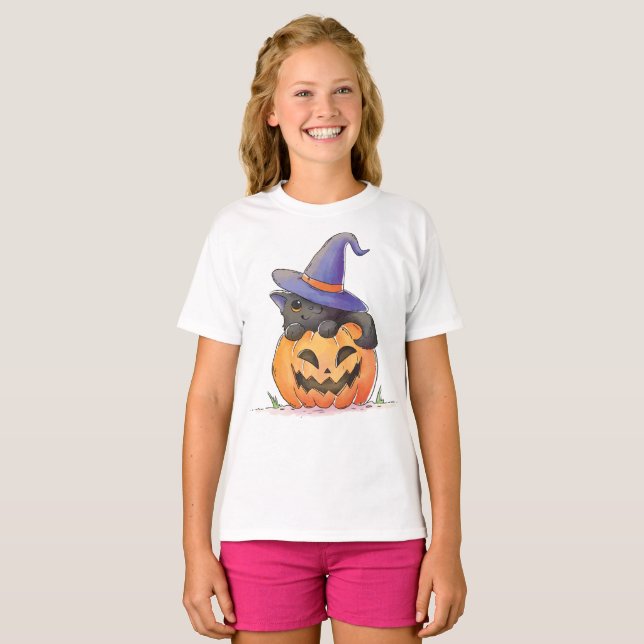 Cute Chat à l'Halloween Citrouille | T-shirt (Devant entier)