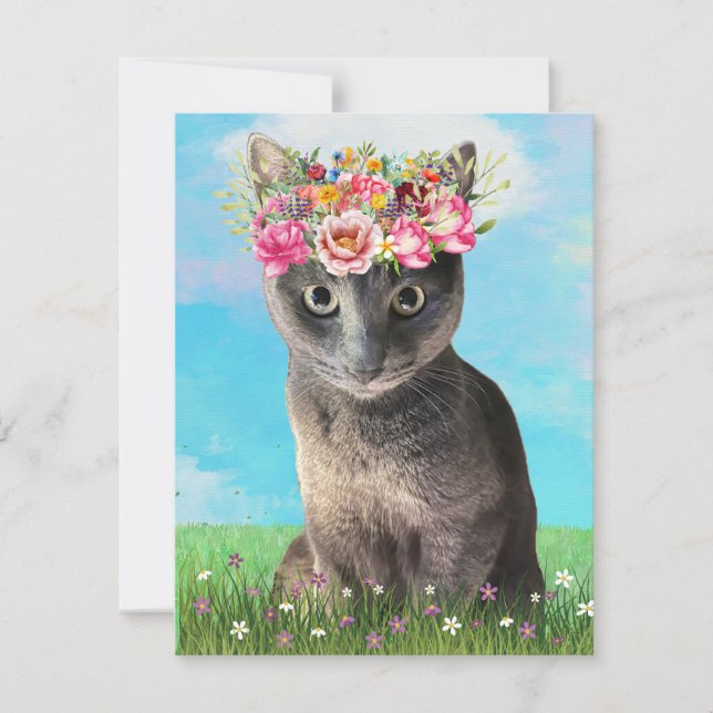 Cute Chat avec carte de voeux Floral Crown (Devant)