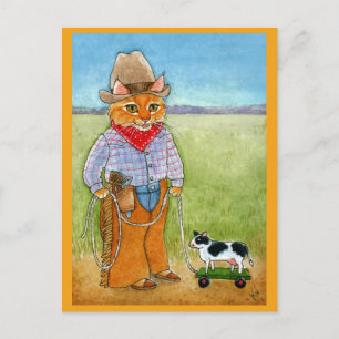 Cute chat cowboy, carte postale de vache jouets