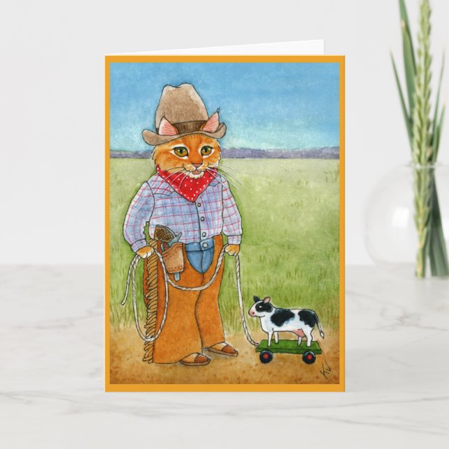 Cute chat cowboy, élevage de bétail carte de voeux (Devant)