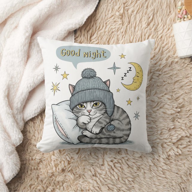 Cute Chat en Beanie Coussin - Décor "Bonne Nuit" (Couverture)