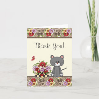 Cute Chat, Fleurs et Carte de remerciements papill