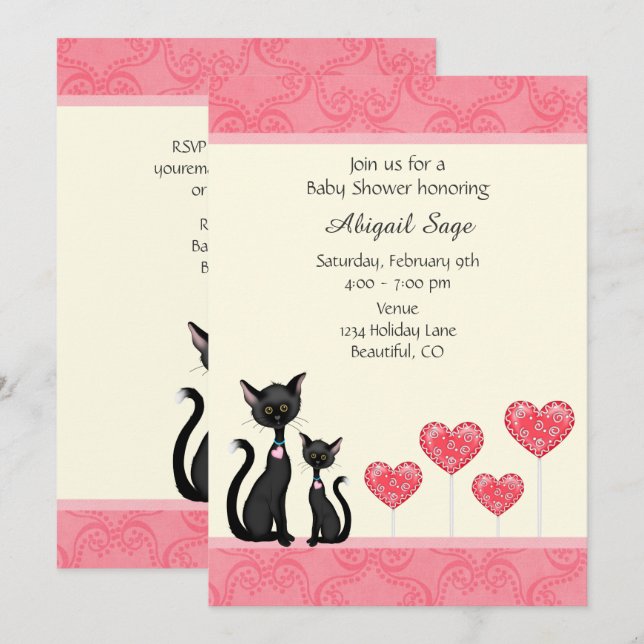 Cute Chat, Kitten et Coeurs Baby shower Invitation (Devant / Derrière)