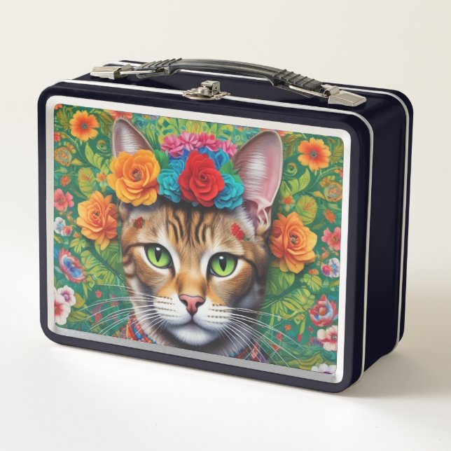 Cute Chat Mexicaine Style Métal Lunchbox (Devant)